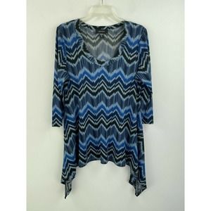 Karen Kane XL Blouse Top Blue Asymmetrical A45-15 Shark Bite Chevron Striped